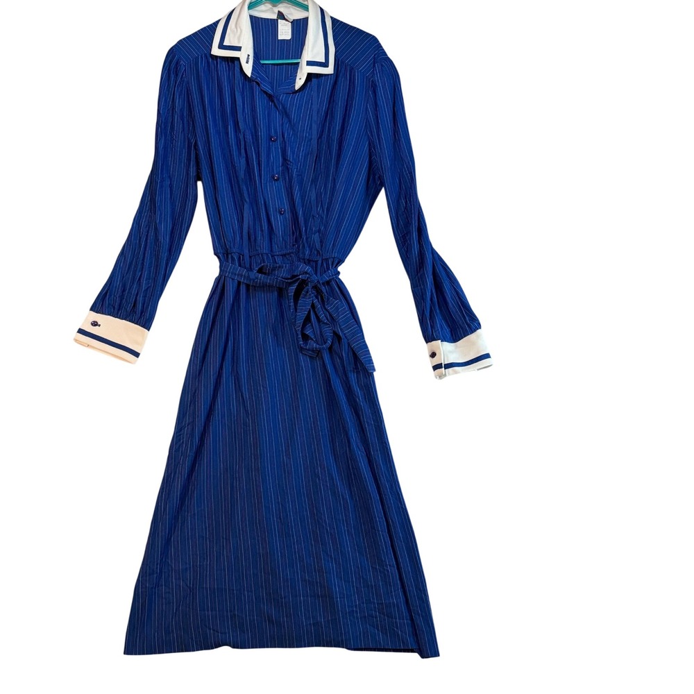 Vintage Ajax I Love NY Blue Pinstripe Midi Dress Nautical Collar Size 9/10